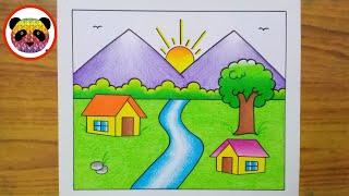 Scenery Drawing / How to Draw Beautiful Landscape Scenery / Village Scenery Drawing / Chitra / Art