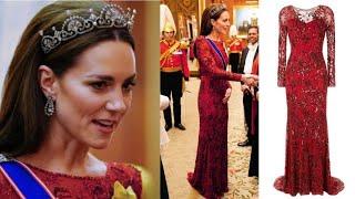 Kate Middleton Holds Court in Lotus Flower Tiara & Sparkling Red Dress at Diplomatic Reception