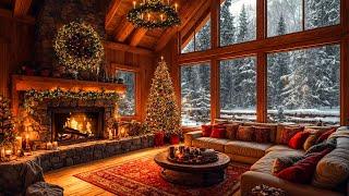 Warm Christmas Cabin Jazz Music  Crackling Fireplace, Snowfall & Christmas Jazz Songs for Relaxing