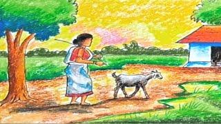 Village life oilpastel Drawing||Easy figure drawing||