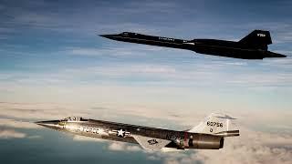 An F-104A Starfighter paces an SR-71 Blackbird during supersonic testing operations. (1969)