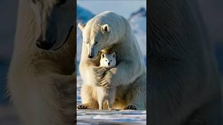 A confused fluffy fox cub believes a polar bear is his mum