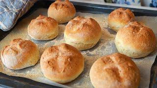 No-knead crusty buns! Best easiest bread you'll ever bake! 4 ingredients!