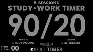 Pomodoro Timer 90/20, No Music, 9 Hour Study, ADHD Friendly, 5 Sessions, 90 Min Study, 20 Min Break