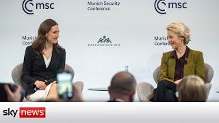 Ursula von der Leyen and Finnish PM Sanna Marin speak at Munich Security Conference