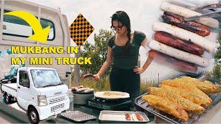 MUKBANG IN MY NEW JAPANESE KEI TRUCK 먹방 ASMR CRUNCHY SIDES, GIANT KOREAN RICE CAKE, HOTDOG!