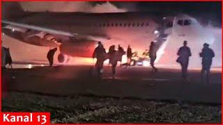 A massive fire broke out on a Russian Sukhoi Superjet 100 plane with passengers on board