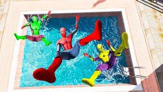 GTA 5 Rainbow Red Vs Green & Yellow  Spiderman Jumping Into Pool (Euphoria Physics/Ragdolls) #1