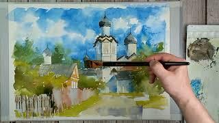 Watercolor painting. Russian landscape. Staraya Russa