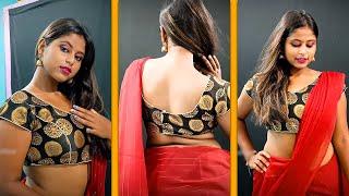 Stunning Red Silk Plain Saree with Black Backless Blouse | Beautiful Queen Saree Fashion #saree