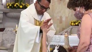 Little Girl Gives Priest High Five As He Raises Hand To Bless Her