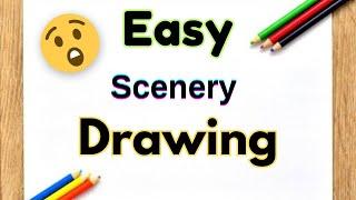 Scenery Drawing / How to Draw Beautiful Landscape Scenery Drawing / Village Scenery Drawing / Chitra