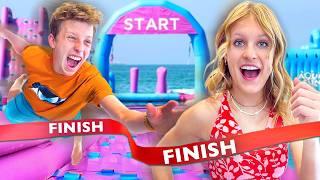 BROTHERS VS SISTER CHALLENGE! World's largest inflatable WATERPARK!