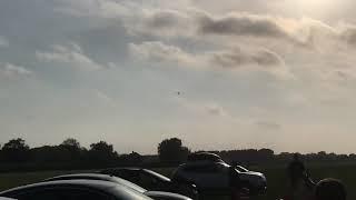 N473DC C47 Dakota ‘Drag ‘Em Oot’ and Spitfire PV202 performing a low formation fly past- Headcorn.