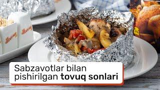 Sabzavotlar bilan pishirilgan tovuq sonlari