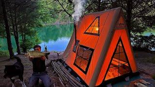 3 DAYS solo survival CAMPING; CATCH and COOK, FISHING - BUSHCRAFT Tent Shelter - Primitive Cooking