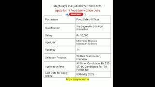 Meghalaya PSC Jobs 2025 | Apply for 14 Food Safety Officer Jobs | #shorts #youtubeshorts #govjob