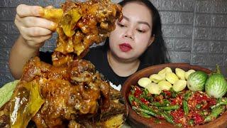 Makan besar! gulai kaki tunjang sapi sambal kacang ,jengkol muda pare mentah Mukbang