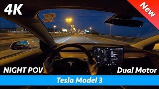 Tesla Model 3 LR - Night POV test drive & FULL review in 4K | LED headlights in dark, 0 - 100 km/h