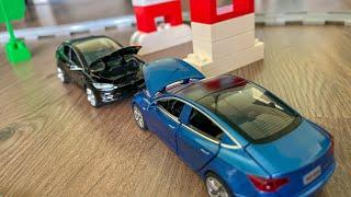 Toys Cars and trains Lego Gas station and Tesla supercharger Cartoon City of cars #391