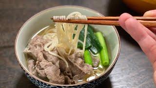 源泉米玄米パスタ(細麺)で公家の肉うどん…上品なまぐろ昆布出汁ベースのグルテンフリー肉うどんです！