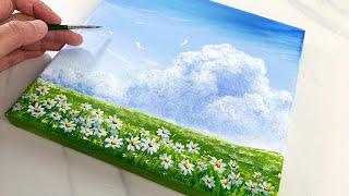 How to Paint Daisy with Fluffy Cloud / Acrylic Dreamy Spring Painting for Beginners