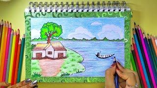 Village Scenery Pencil Color Drawing || Pencil Sketch || Landscape || Pencil Art || Eshas Arts