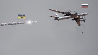 Scary Moment! Russian anti-submarine warfare aircraft Tu-142 was hit by a Ukrainian anti-air system.