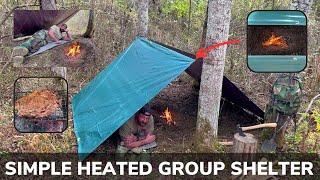 Solo Overnight Building a Simple Heated Group Shelter in the Woods and Campfire Ribeye Steak