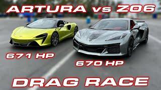 New Z06 out launches the McLaren Artura!? C8 Z06 vs McLaren Artura 1/4 Mile Drag Race