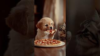 Pup Enjoys Pizza As Kitty Eyes It Hungrily!