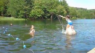 little girls swimming with friends then oops! bathing suit!