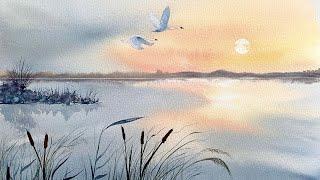 BEGINNERS SUNSET MARSHLAND Reflections, Beautiful Watercolor Landscape Painting Tutorial Watercolour