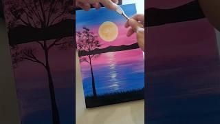 Cara melukis pemandangan langit malam bulan bintang pohon di kanvas #nightpainting #belajarmelukis