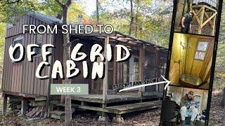 Woodys Off Grid Cabin WEEK 3, 12v/propane water heater install, stock tank shower, & DIY curtain rod
