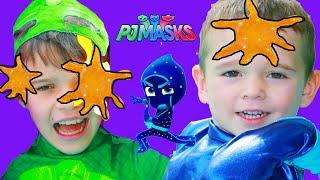 PJ Masks NIGHT NINJA TROUBLE with Gekko & Catboy on GIANT BOUNCE CASTLE SLIDE!