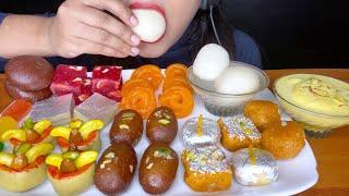 ASMR EATING INDIAN SWEETS/DESERTS l RASGULLA,RASMALAI,KAJU BARFI,JALEBI,MILK PEDA l FOOD