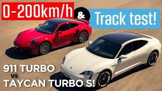 Porsche 911 Turbo vs Taycan Turbo S 0 - 200km/h track and drag battle | MOTOR