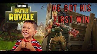 9 Year Old Kid Gets His First Win In Fortnite!! (Freaks out)