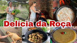 Almoço caipira - pirão com frango na panela de barro / saladas sobremesa e + pathy vida na roça