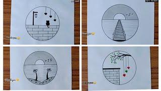 Easy 4 circle scenery drawing ideas || Pencil drawing in circle easy drawing  @Artcraft2m