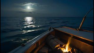 Moonlit Seascape Campfire Bliss in a Canoe Relaxing 4k 8 Hours