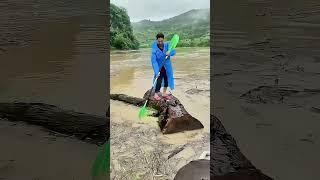 The man used wood as a boat