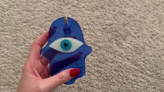 Hamsa Hand Hanging Car Charm Ornament Accessory Navy Blue Glass with Evil Eye