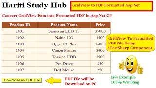 Export GridView Control Data into PDF File with Formatting in Asp.Net C# | Hindi | Online Learning