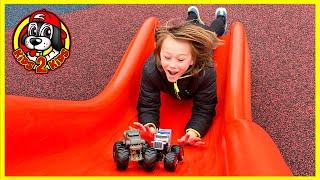 MONSTER TRUCKS PLAY AT THE PARK  GODZILLA GOES ON A DATE (STABILIZER HELPS HIM FIND WONDER WOMAN)