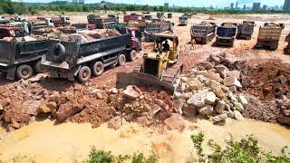 Amazing with the best activities land reclamation process heavy machines work on huge landfill