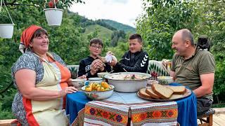Cooking Traditional Okroshka With Fresh Ingredients From Our Garden