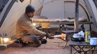 Solo Camping with My Dog . German Sausage & Potatoes . Relaxing in the Hot Tent . Wood Stove ASMR