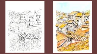 [Pen + Watercolor] Roof - Urban Sketch (pen drawing & color mixing) by YU